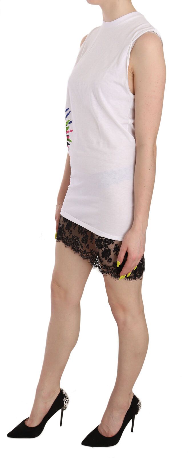 Robe mini moulante blanche imprimée à col rond sans manches