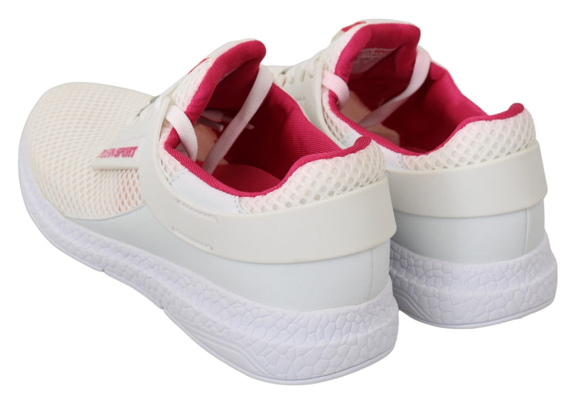 White Pink Polyester Becky Sneakers ShoesPLEIN SPORT Gorgeous brand new with tags, 100% Authentic PLEIN SPORT Shoes. Model: Becky Sneakers Color: White, Pink Material: Polyester Sole: Rubber Logo detailsWhite Pink Polyester Becky Sneakers Shoes${tagsPhili