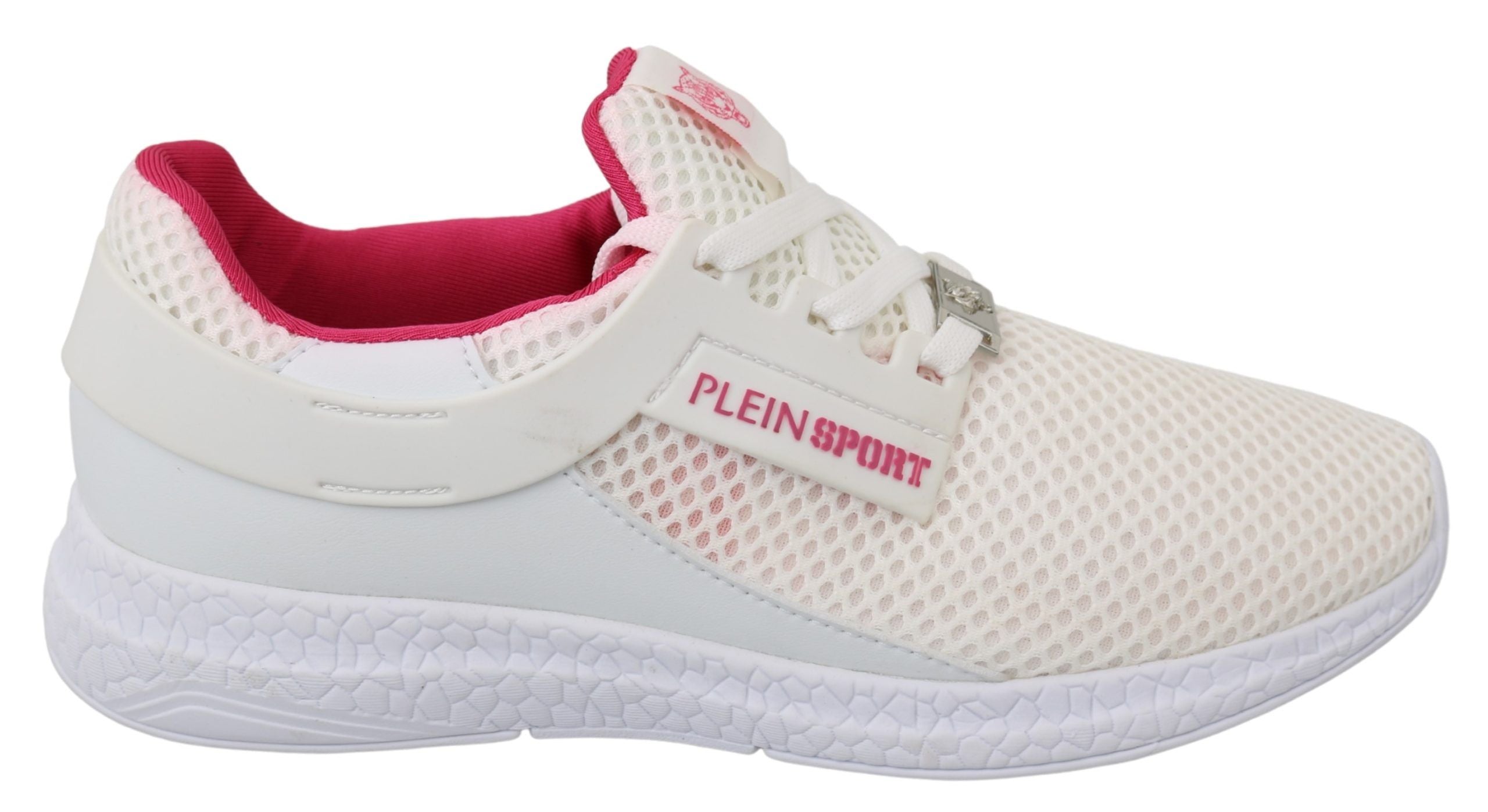White Pink Polyester Becky Sneakers ShoesPLEIN SPORT Gorgeous brand new with tags, 100% Authentic PLEIN SPORT Shoes. Model: Becky Sneakers Color: White, Pink Material: Polyester Sole: Rubber Logo detailsWhite Pink Polyester Becky Sneakers Shoes${tagsPhili
