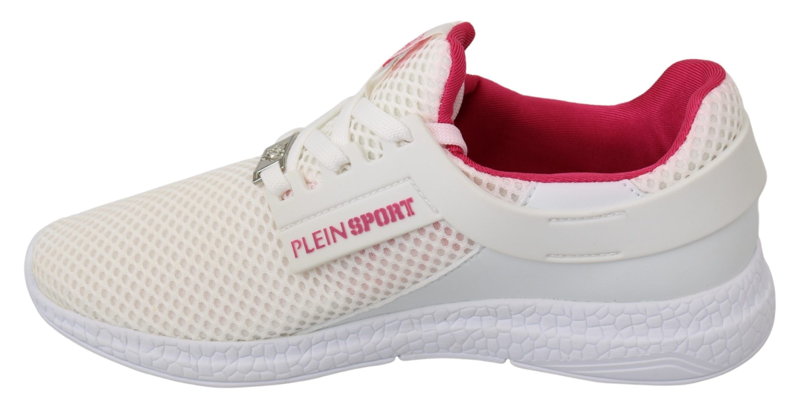 White Pink Polyester Becky Sneakers ShoesPLEIN SPORT Gorgeous brand new with tags, 100% Authentic PLEIN SPORT Shoes. Model: Becky Sneakers Color: White, Pink Material: Polyester Sole: Rubber Logo detailsWhite Pink Polyester Becky Sneakers Shoes${tagsPhili