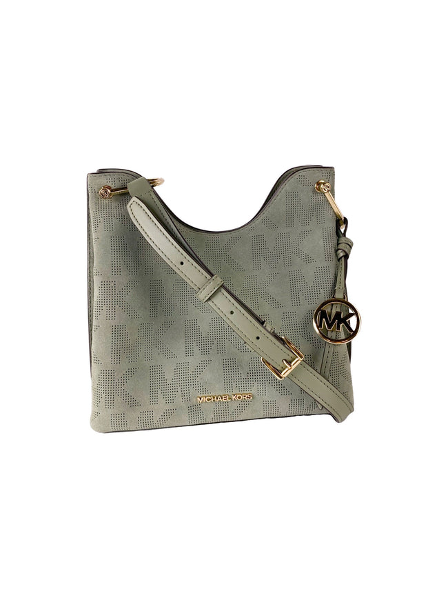 Joan Large Perforated Suede Leather Slouchy Messenger Handbag (Army Green)Style: Michael Kors Joan Small Slouchy Messenger Handbag (Army Green) Material: Perforated Suede and Pebbled Leather Features: Interior Slip and Zip Pocket, Adjustable Shoulder Stra