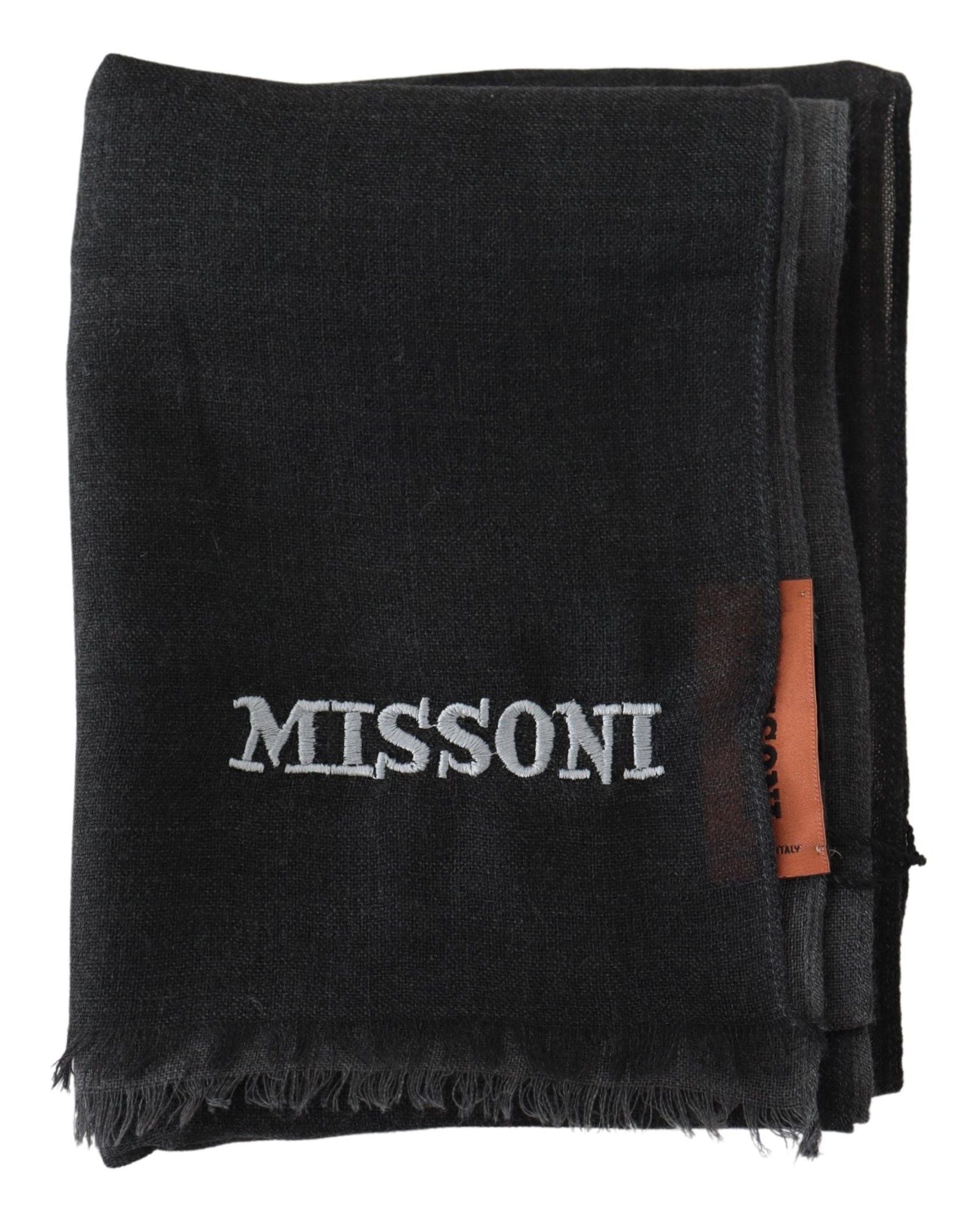 Black Wool Unisex Neck Wrap Shawl Fringes Logo ScarfMISSONI Gorgeous brand new with tags, 100% Authentic Missoni wool scarf with brand logo embroidery. Material: 100% Wool Color: Black Gender: Unisex Fringes Logo details Made in Italy SIZE: 160cm x 30cmBl
