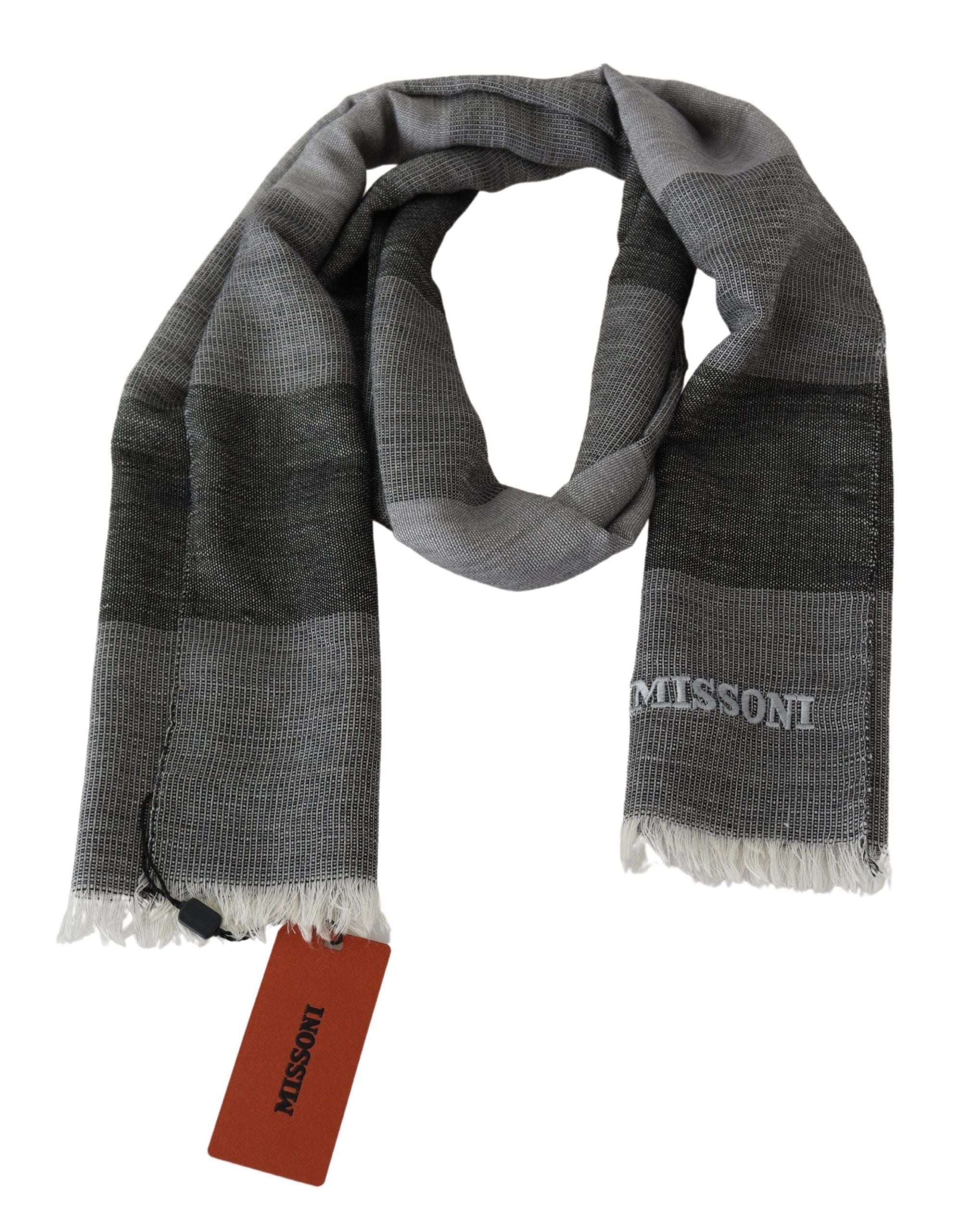 Gray Striped Wool Unisex Neck Wrap Fringes ScarfMISSONI Gorgeous brand new with tags, 100% Authentic Missoni wool scarf with stripes pattern and brand logo embroidery. Material: 100% Wool Color: Gray Gender: Unisex Fringes Logo details Made in Italy SIZE: