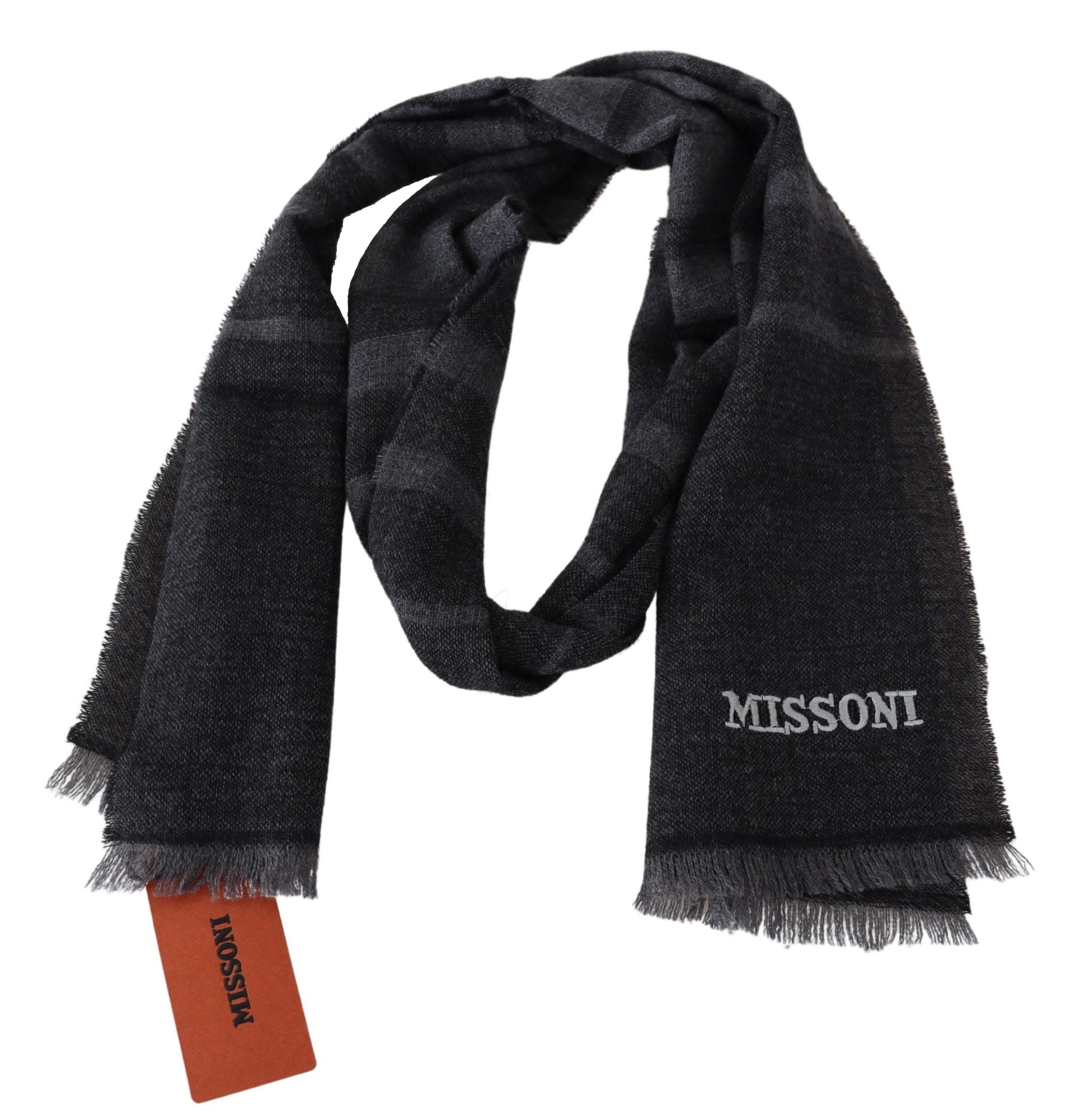 Black Wool Scarf with Stripes & Logo Embroidery