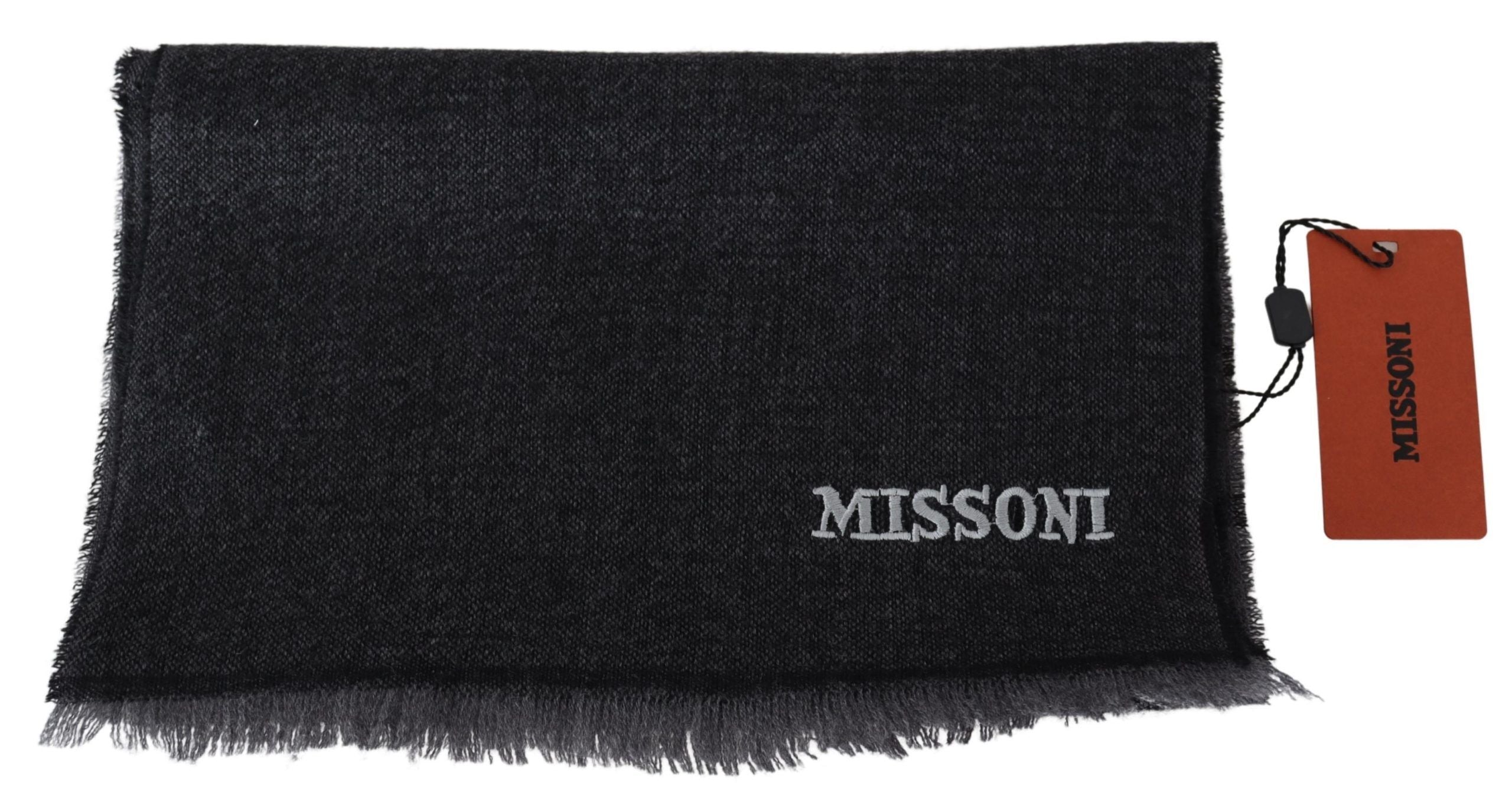 Black Wool Scarf with Stripes & Logo Embroidery