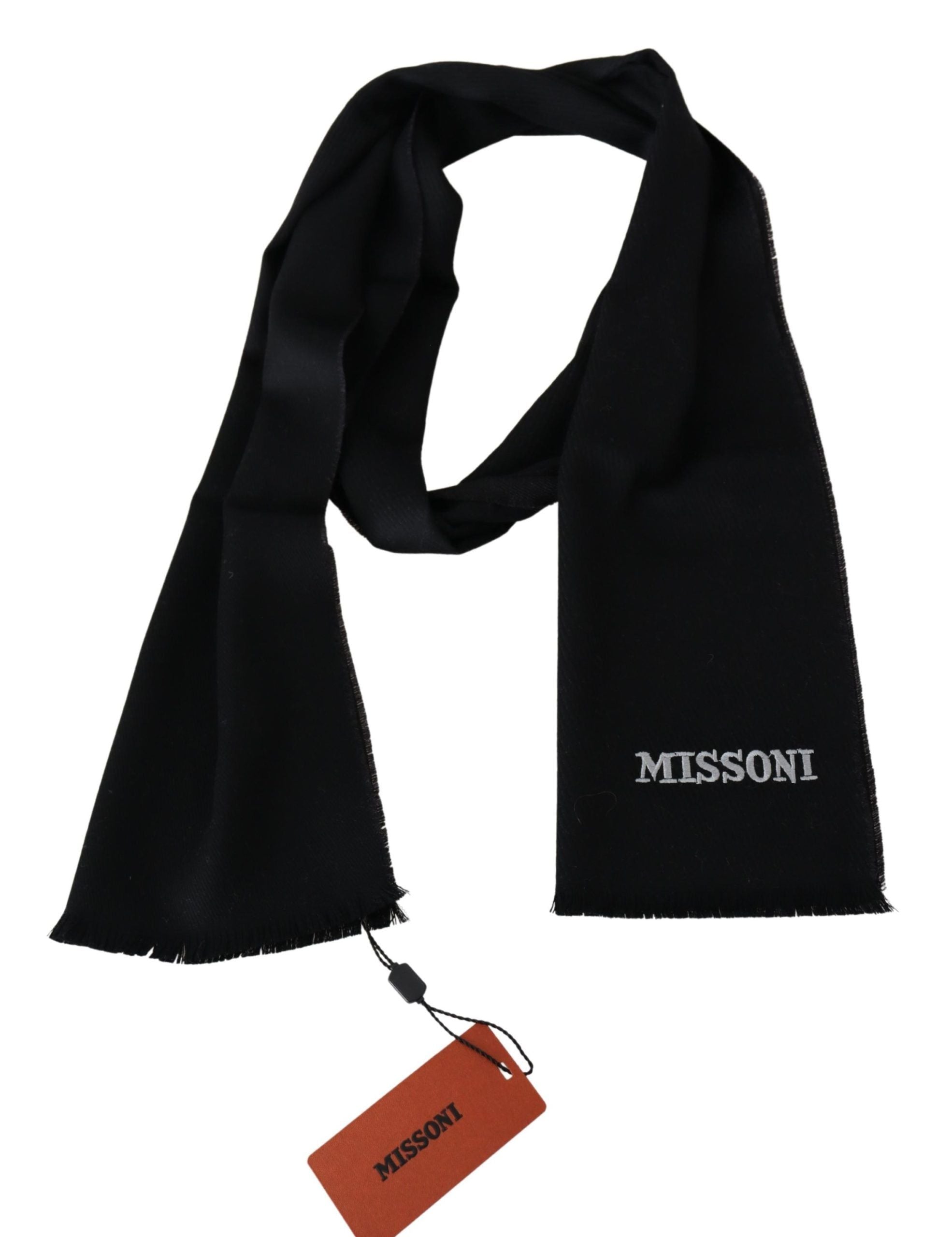 Black 100% Wool Unisex Neck Wrap Fringes Logo ScarfMISSONI Gorgeous brand new with tags, 100% Authentic Missoni wool scarf with brand logo embroidery. Material: 100% Wool Color: Black Gender: Unisex Fringes Logo details Made in Italy SIZE: 180cm x 29cmBla