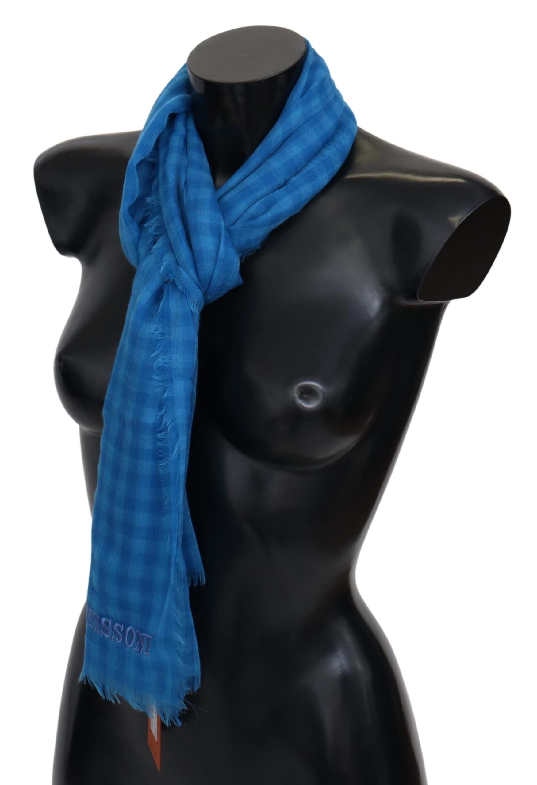 Blauer Kaschmirschal mit Karomuster und Fransen