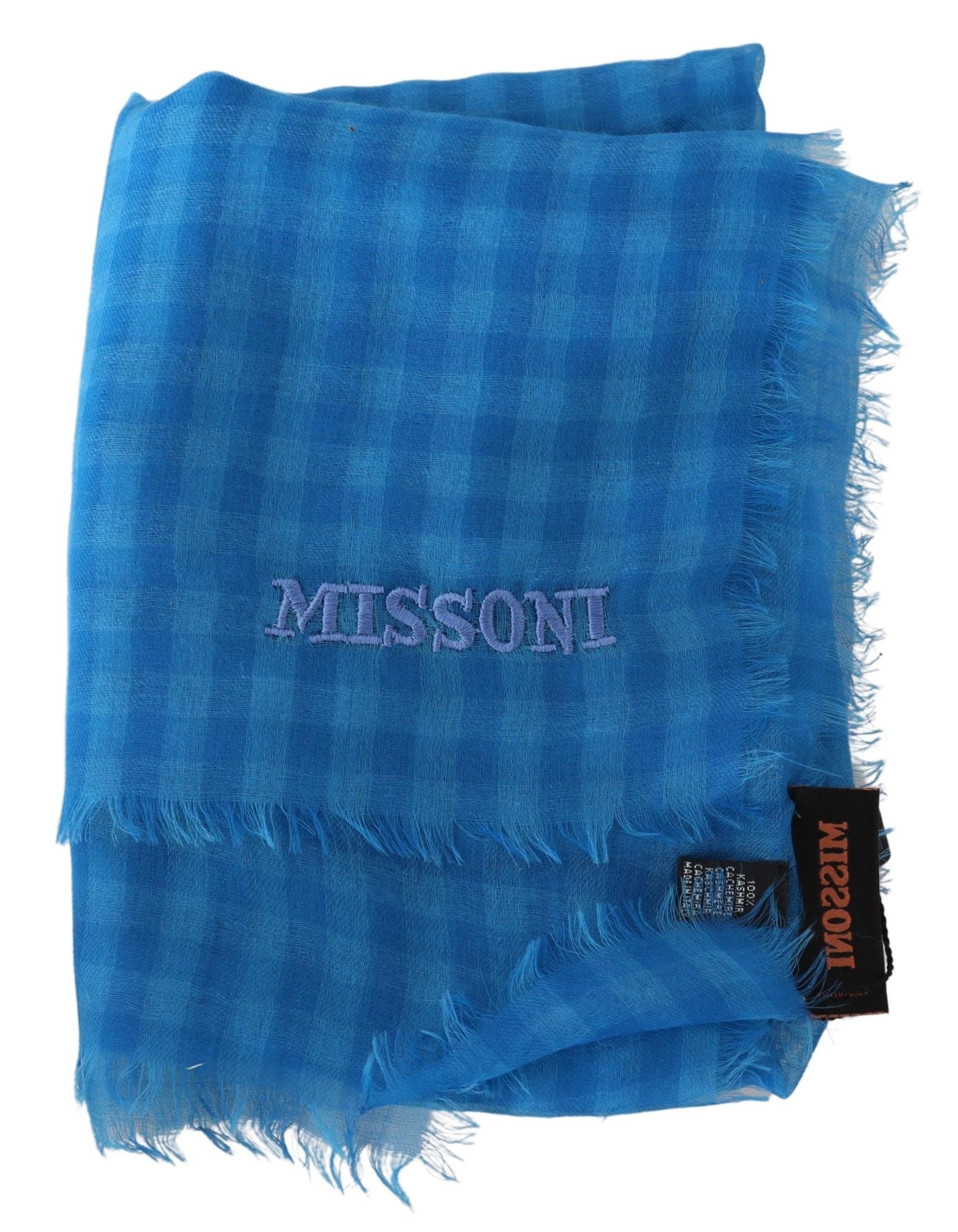 Blue Cashmere Scarf with Checkered Pattern and Fringes