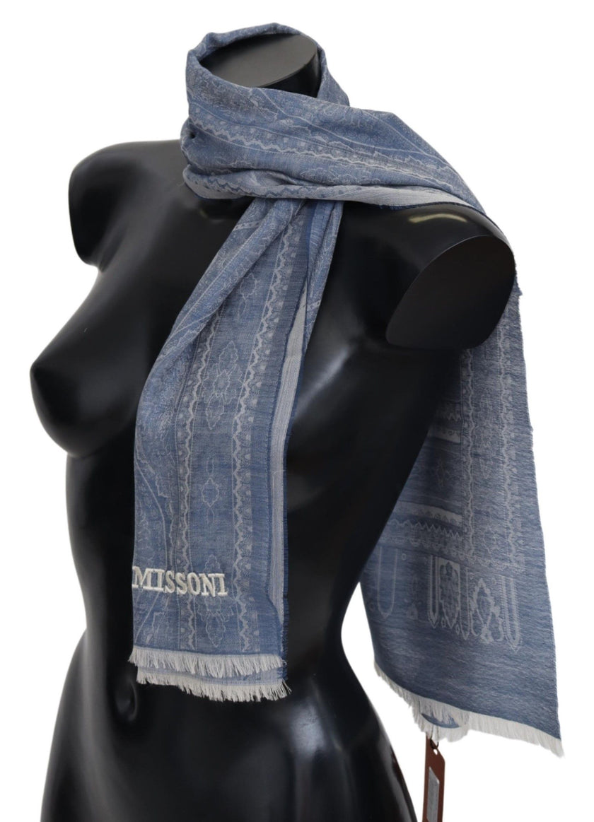 Elegant Cashmere Patterned ScarfIndulge in the epitome of luxury with this stunning Missoni cashmere scarf. Brand new with tags, this 100% Authentic piece boasts an intricate pattern with delicate brand logo embroidery, perfect for adding a touch of elega