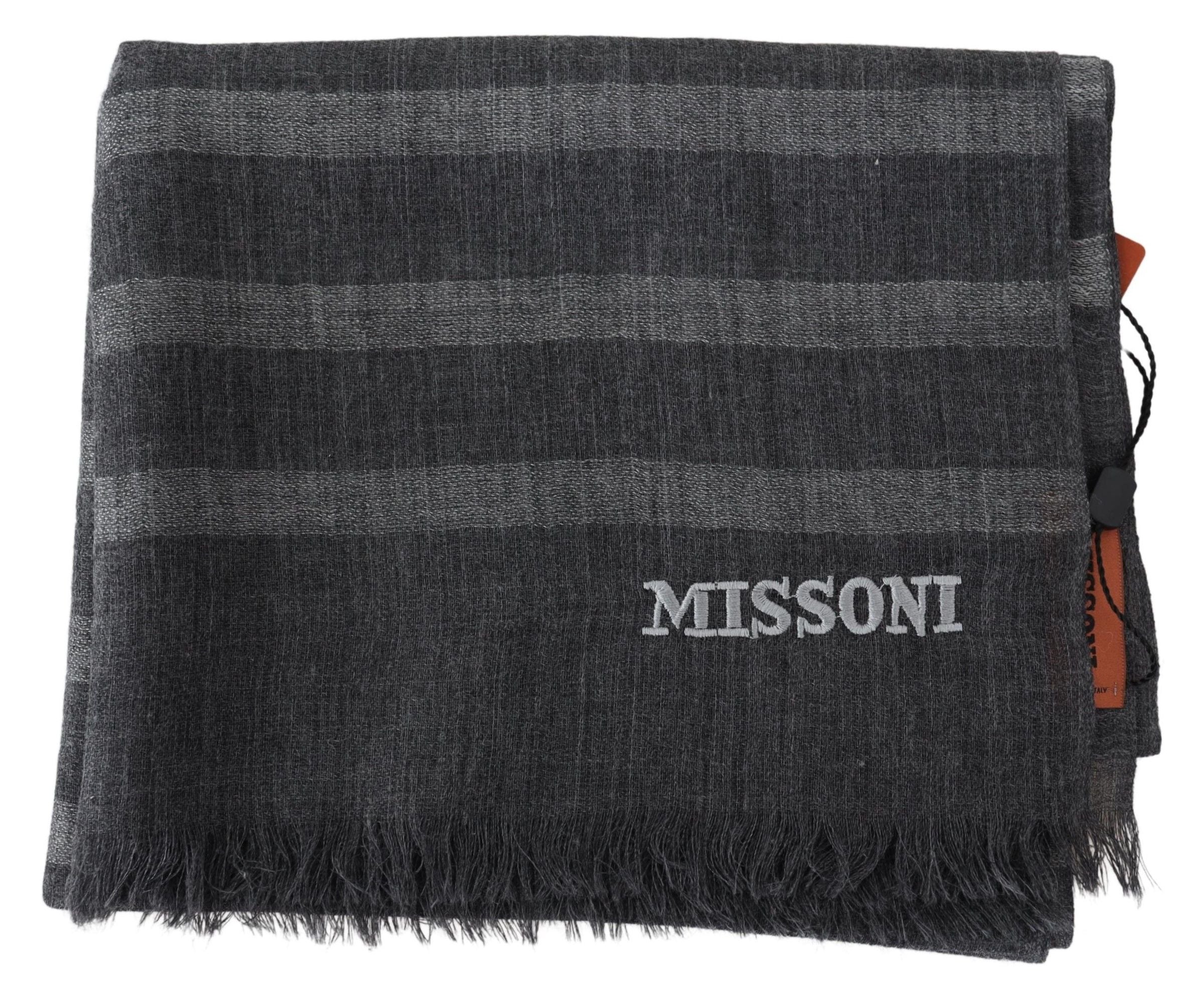 Gray Wool Scarf with Stripes and Fringed Edges