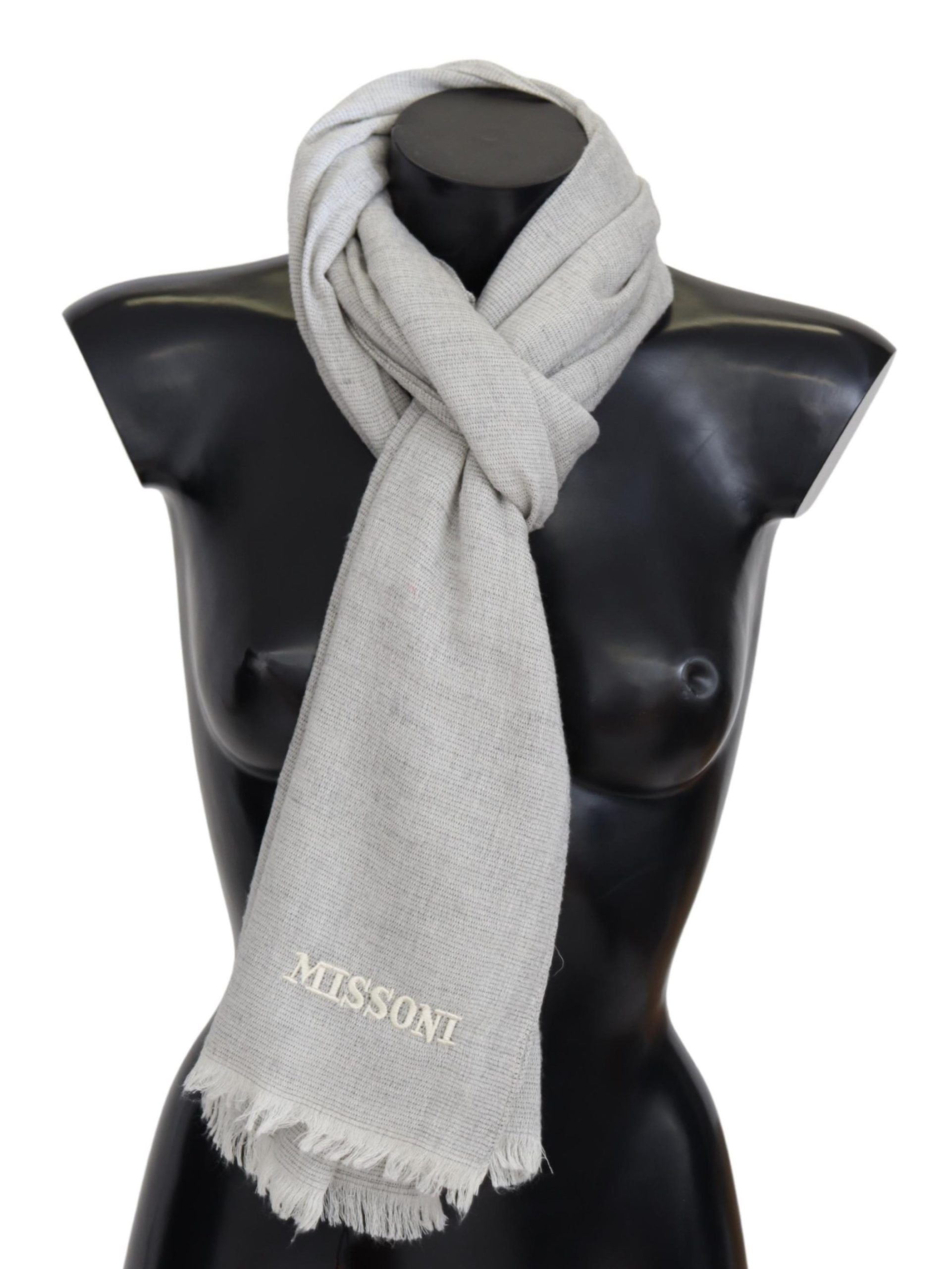 Gray Wool Knit Unisex Neck Wrap ScarfMISSONI Gorgeous brand new with tags, 100% Authentic Missoni wool scarf with solid pattern and brand logo embroidery. Material: 100% Wool Color: Gray Gender: Unisex Fringes Logo details Made in Italy SIZE: 180cm x 60cm