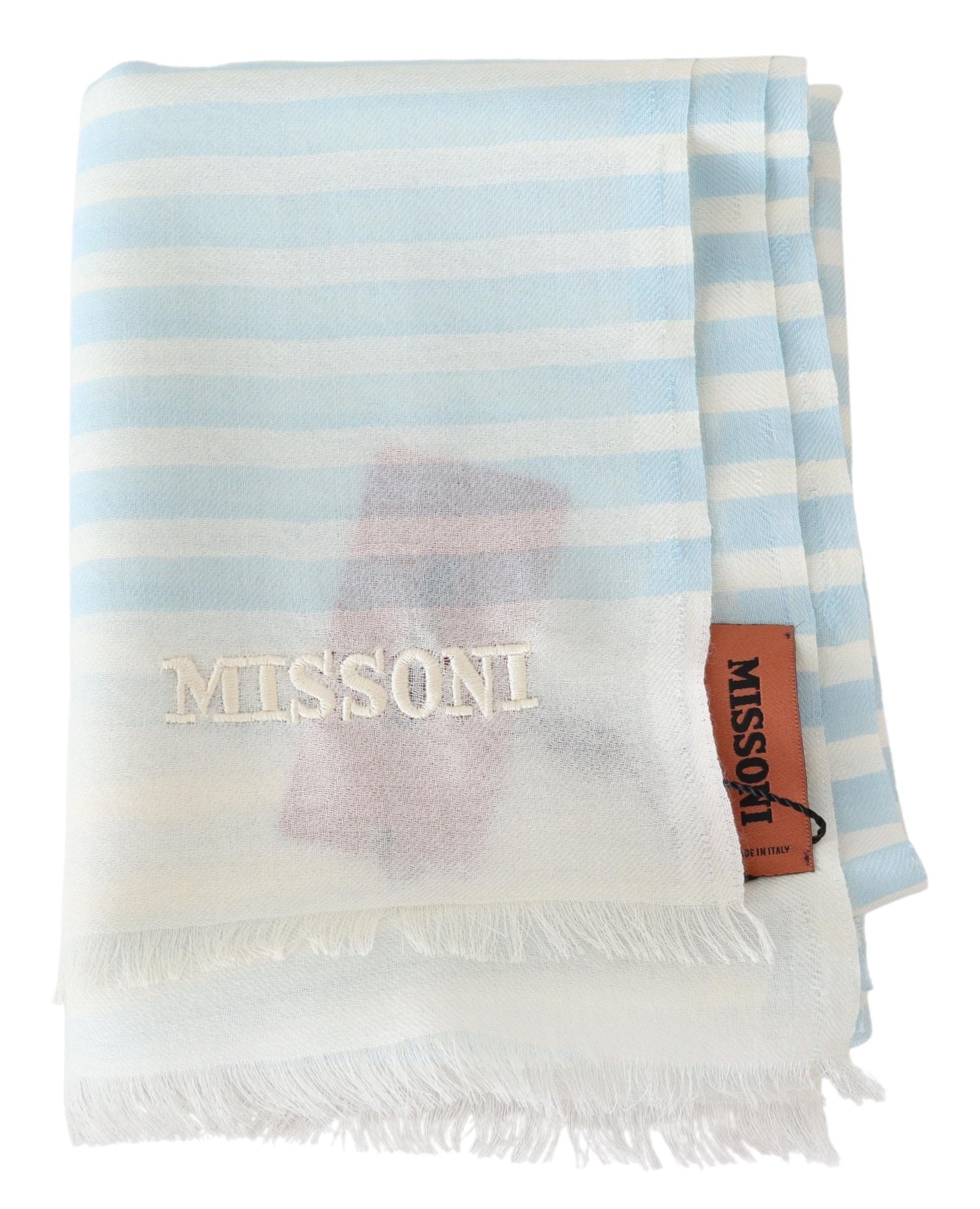 Blue White Lined Cashmere Unisex Wrap ScarfMISSONI Gorgeous brand new with tags, 100% Authentic Missoni cashmere scarf with line pattern design and brand logo embroidery. Material: 100% Cashmere Color: Blue White Gender: Unisex Fringes Logo details Made i