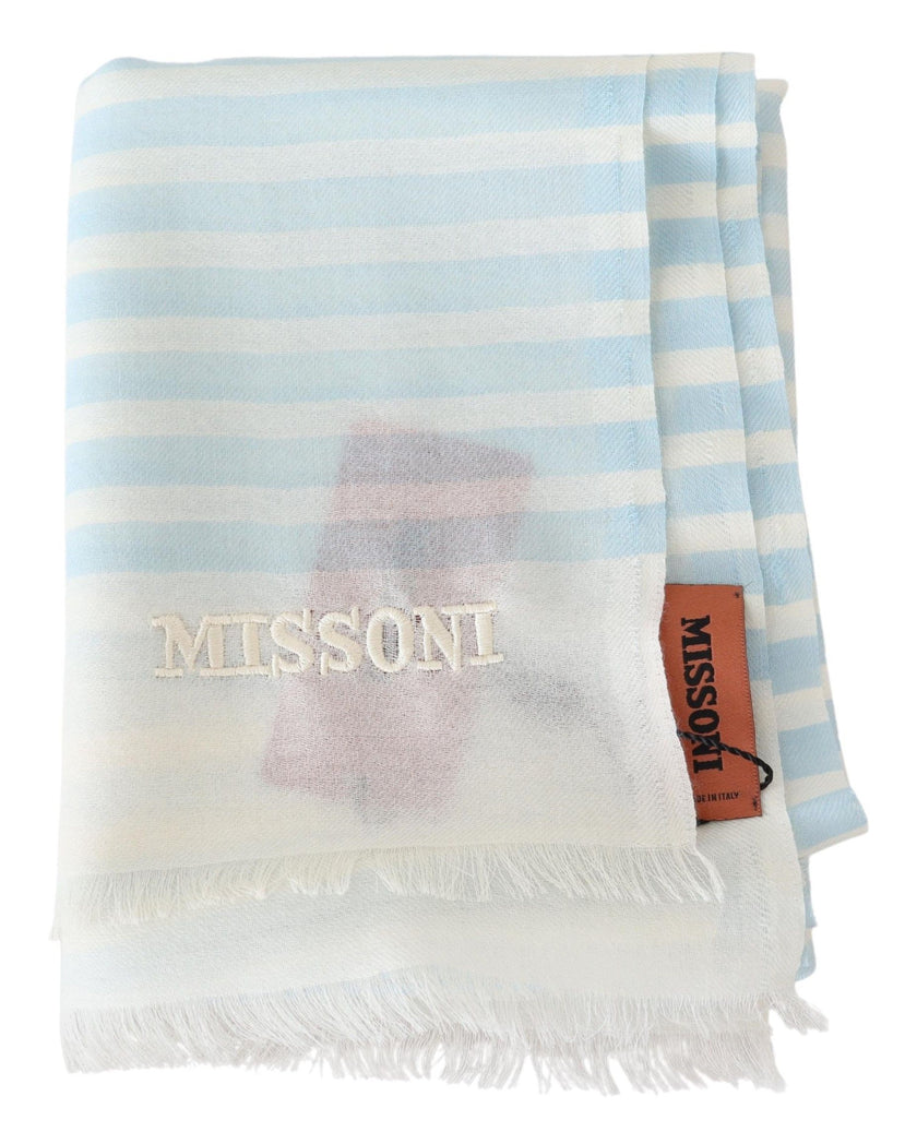 Blue White Lined Cashmere Unisex Wrap ScarfMISSONI Gorgeous brand new with tags, 100% Authentic Missoni cashmere scarf with line pattern design and brand logo embroidery. Material: 100% Cashmere Color: Blue White Gender: Unisex Fringes Logo details Made i