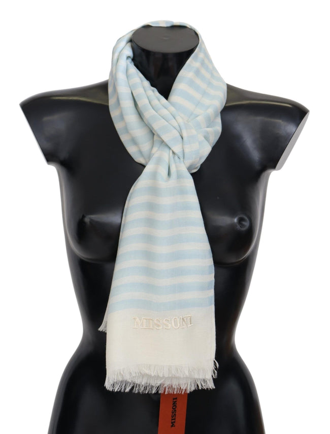 Blue White Lined Cashmere Unisex Wrap ScarfMISSONI Gorgeous brand new with tags, 100% Authentic Missoni cashmere scarf with line pattern design and brand logo embroidery. Material: 100% Cashmere Color: Blue White Gender: Unisex Fringes Logo details Made i