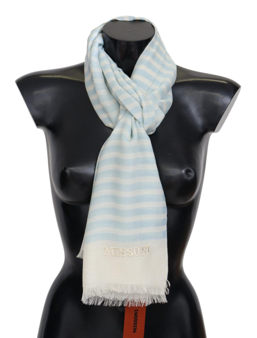 Blue White Lined Cashmere Unisex Wrap ScarfMISSONI Gorgeous brand new with tags, 100% Authentic Missoni cashmere scarf with line pattern design and brand logo embroidery. Material: 100% Cashmere Color: Blue White Gender: Unisex Fringes Logo details Made i