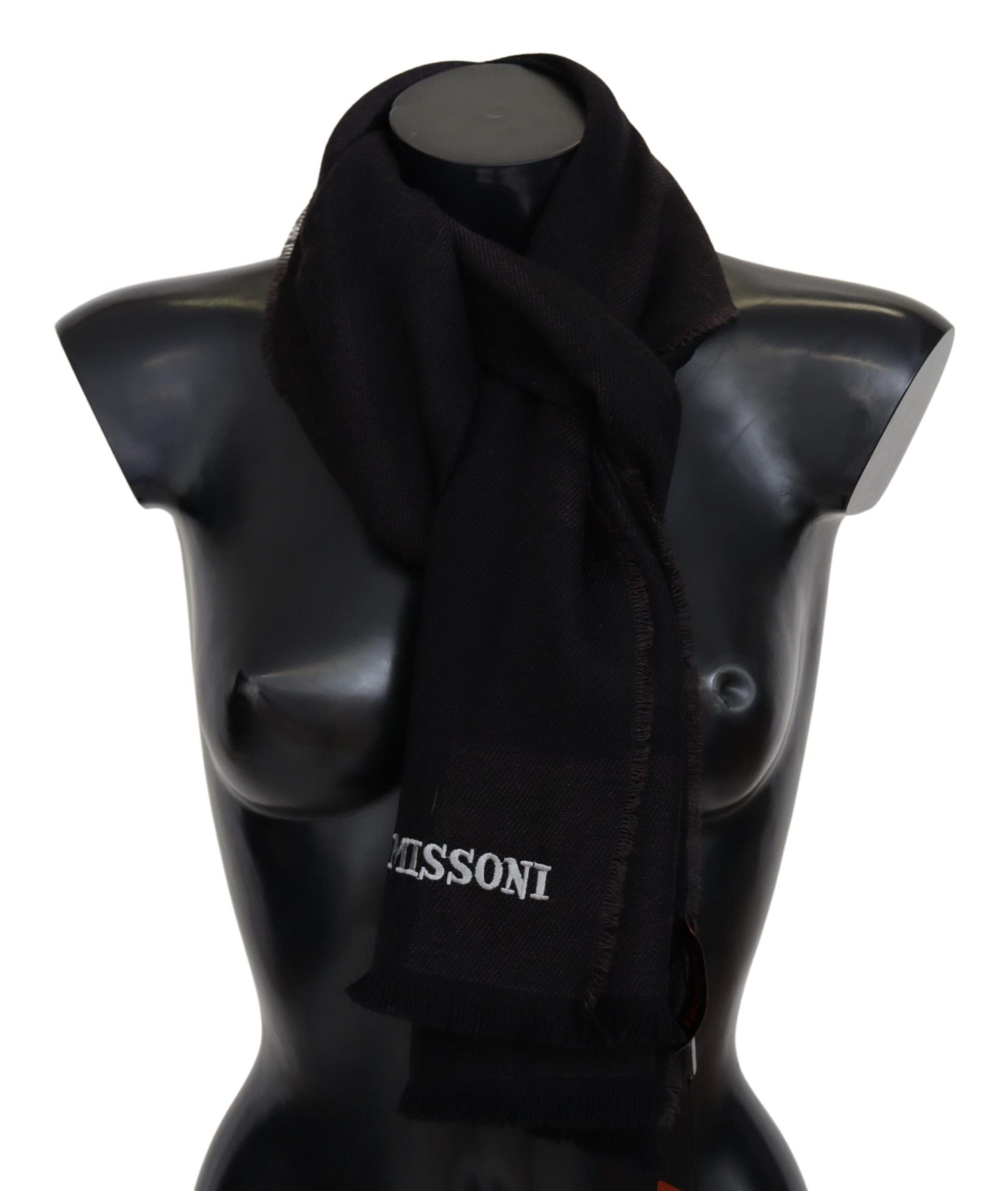 Black 100% Wool Unisex Neck Wrap ScarfMISSONI Gorgeous brand new with tags, 100% Authentic Missoni wool scarf with brand logo embroidery. Material: 100% Wool Color: Black Gender: Unisex Fringes Logo details Made in Italy SIZE: 180cm x 48cmBlack 100% Wool