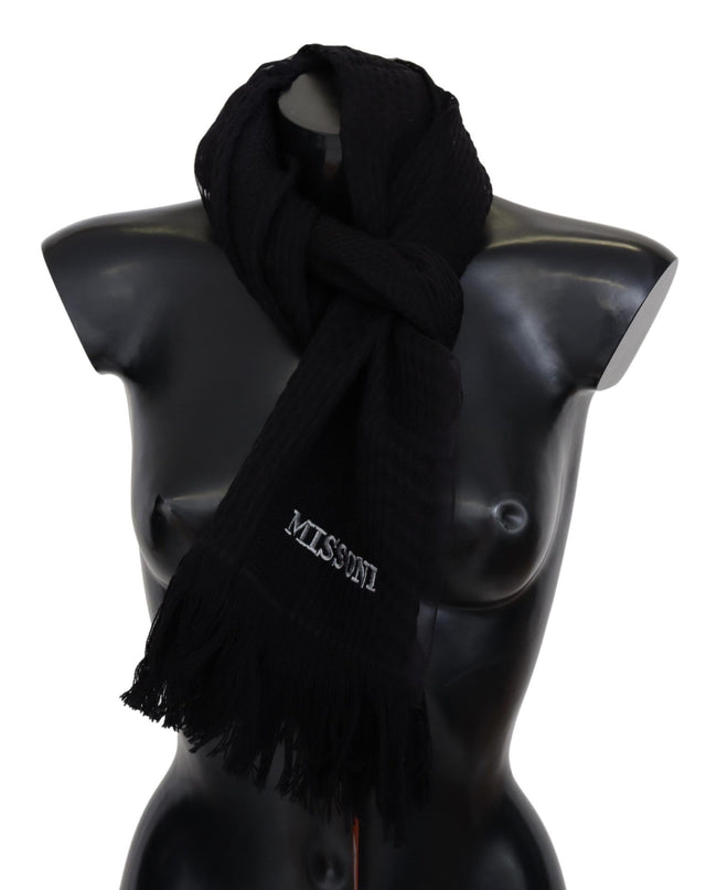 Black Wool Unisex Neck Warmer Wrap ScarfMISSONI Gorgeous brand new with tags, 100% Authentic Missoni wool silk scarf with brand logo embroidery. Material: 80% Wool 20% Silk Color: Black Gender: Unisex Fringes Logo details Made in Italy SIZE: 160cm x 40cmB