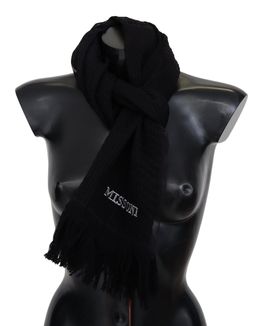 Black Wool Unisex Neck Warmer Wrap ScarfMISSONI Gorgeous brand new with tags, 100% Authentic Missoni wool silk scarf with brand logo embroidery. Material: 80% Wool 20% Silk Color: Black Gender: Unisex Fringes Logo details Made in Italy SIZE: 160cm x 40cmB