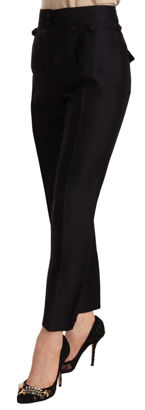 Schwarze Cropped High-Waist Hose mit Knopfdetails