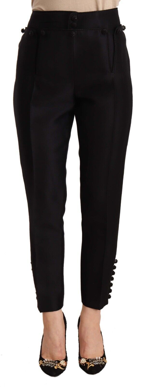 Schwarze Cropped High-Waist Hose mit Knopfdetails