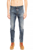Blue Cotton Men JeansElevate your denim game with the distinctive flair of Dsquared²’s Navy ‘Cool Guy Jean’. These premium jeans boast a bold distressed design, ideal for the fashion-forward individual. Their tapered legs are finished with a raw edge, add