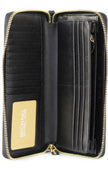 Jet Set Travel Large Black Pebble Leather Continental Wrist WalletStyle: Michael Kors Jet Set Travel Large Continental Clutch Wristlet Wallet (Black/Gold Hardware) Material: Pebble Leather Features: Michael Kors Front Logo Plate, 5.5″ Detachable Wristlet
