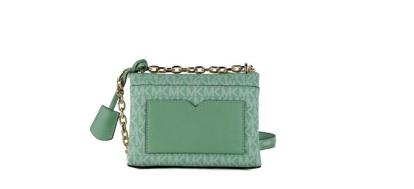 Cece Small Sea Green Signature PVC Convertible Flap Crossbody BagStyle: Michael Kors Cece Small Convertible Flap Crossbody Shoulder Bag (Sea Green Multi) Material: Signature PVC and Smooth Leather Features: Adjustable Chain/Leather Strap (Crossbody or Sho