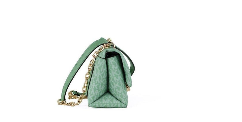 Cece Small Sea Green Signature PVC Convertible Flap Crossbody BagStyle: Michael Kors Cece Small Convertible Flap Crossbody Shoulder Bag (Sea Green Multi) Material: Signature PVC and Smooth Leather Features: Adjustable Chain/Leather Strap (Crossbody or Sho