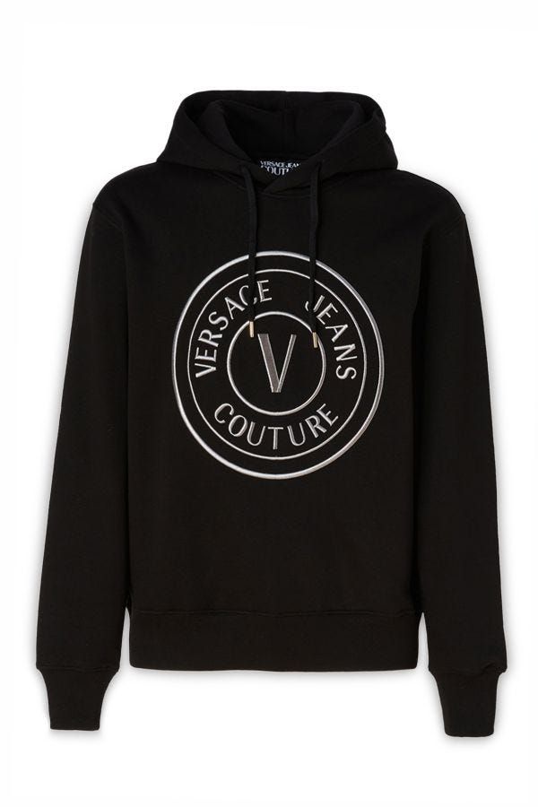Stunning Hooded Black Cotton SweatshirtExude effortless style with this absolutely stunning hooded sweatshirt from Versace Jeans. Crafted from premium 100% cotton, it features a comfortable feel and a chic black hue that guarantees a versatile addition to