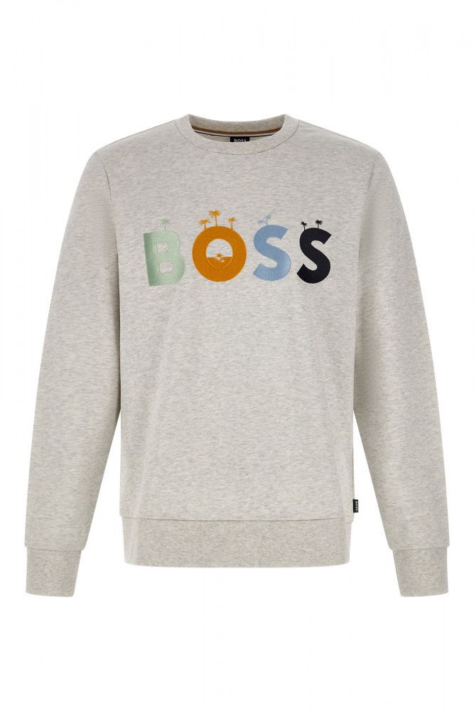 Elegant Grey Round Neck Cotton SweatshirtIndulge in the epitome of casual luxury with this 100% Authentic, brand new round neck sweatshirt by Hugo Boss. Perfect for a refined casual look, this top exudes elegance while offering supreme comfort. Made with