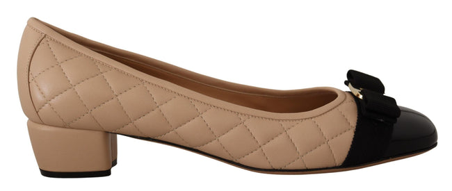 Elegant Quilted Leather Pumps in Beige and BlackEmbrace timeless elegance and modern sophistication with our Salvatore Ferragamo footwear. The stunning pumps combine luxurious quilted nappa leather with glossy patent accents, crowned with the iconic grosg