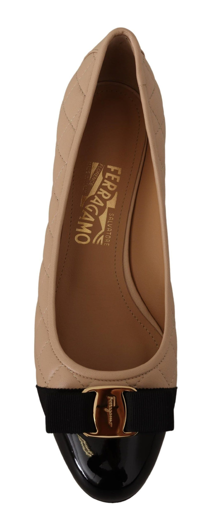 Elegant Quilted Leather Pumps in Beige and BlackEmbrace timeless elegance and modern sophistication with our Salvatore Ferragamo footwear. The stunning pumps combine luxurious quilted nappa leather with glossy patent accents, crowned with the iconic grosg