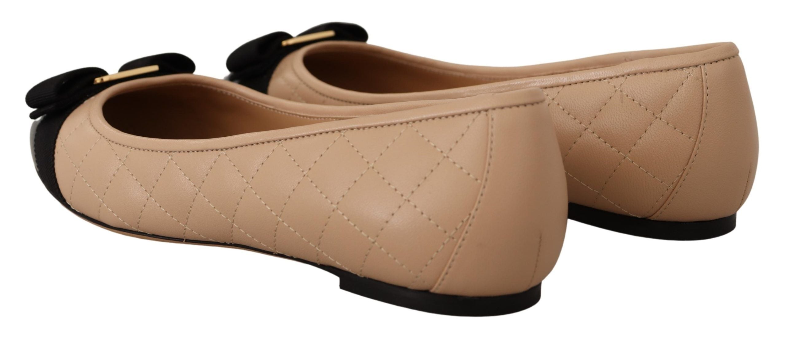 New Bisque and Black Leather Ballet Flats with Grosgrain Bow