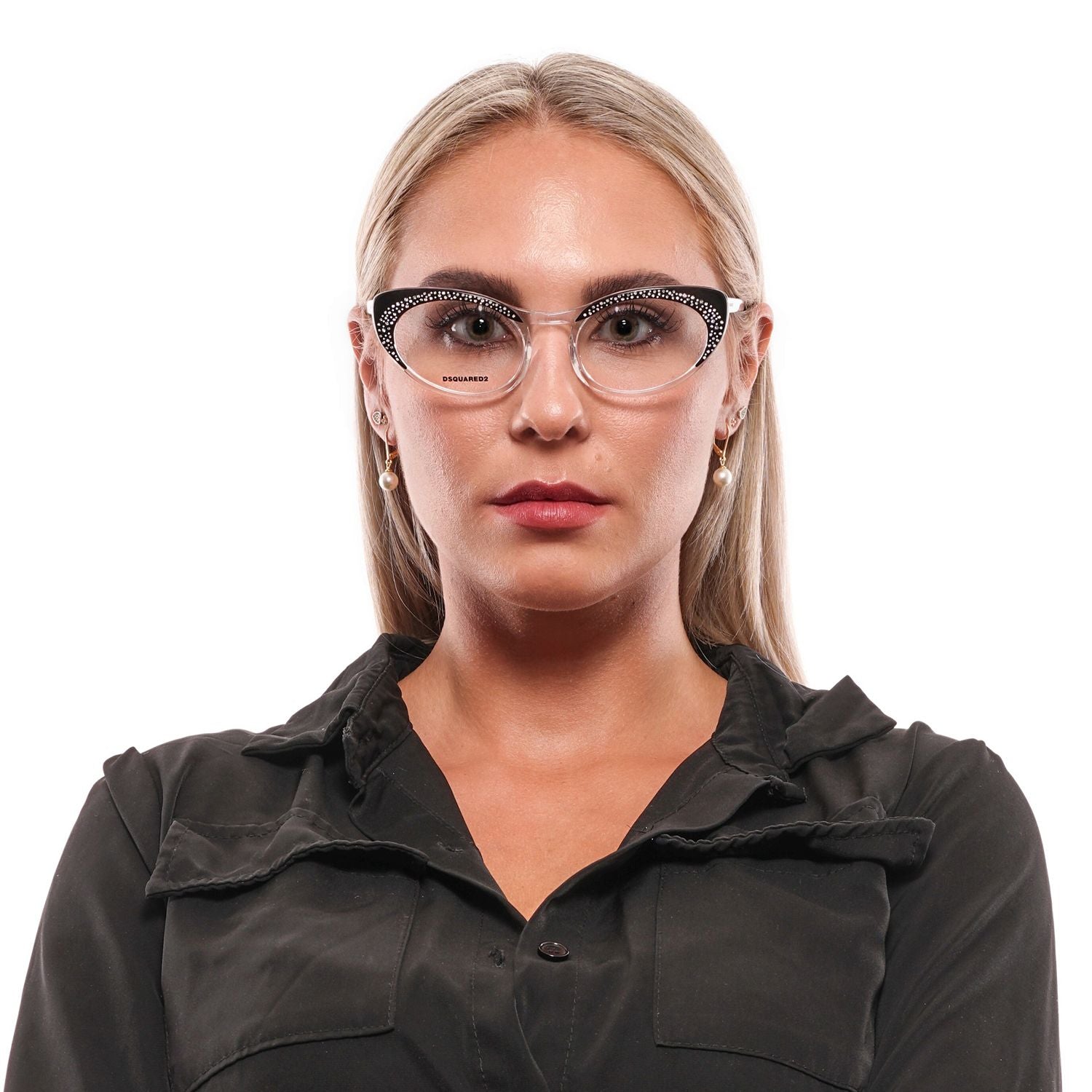 Chic Black Full-Rim Designer EyewearStep into the world of high-fashion with the Dsquared² eyewear collection. Elegantly crafted with a sleek black finish, this pair of women’s glasses exudes sophistication with its full-rim design and durable plastic fra