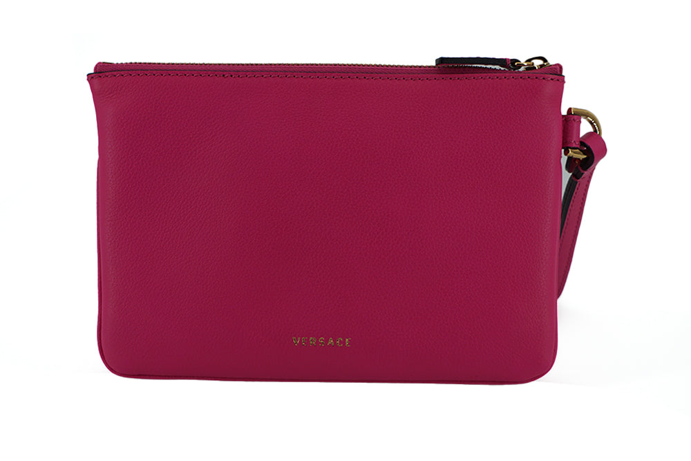 Elegant Pink Leather Pouch ClutchDrape yourself in luxury with this stunning new arrival from Versace. A perfect blend of fashion and functionality, this pouch clutch bag is crafted from the finest calf leather, boasting a rich pink hue that makes a bold