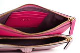 Elegant Pink Leather Pouch ClutchDrape yourself in luxury with this stunning new arrival from Versace. A perfect blend of fashion and functionality, this pouch clutch bag is crafted from the finest calf leather, boasting a rich pink hue that makes a bold