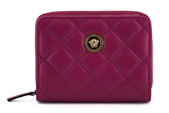 Elegant Purple Quilted Leather WalletDiscover sophistication with our striking Versace Bifold Zip Wallet, a testament to timeless elegance and functionality. This luxurious accessory, complete with original tags, box, and dustbag, is sure to enchant with