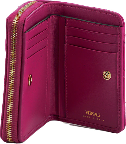 Elegant Purple Quilted Leather WalletDiscover sophistication with our striking Versace Bifold Zip Wallet, a testament to timeless elegance and functionality. This luxurious accessory, complete with original tags, box, and dustbag, is sure to enchant with
