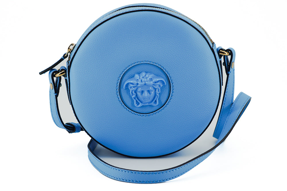 Chic Blue Leather Round Shoulder BagIndulge in the epitome of elegance with this stunning Versace Round Shoulder Bag, a perfect blend of style and practicality for the fashion-conscious individual. Adorned with the iconic Medusa head logo for an unmistaka