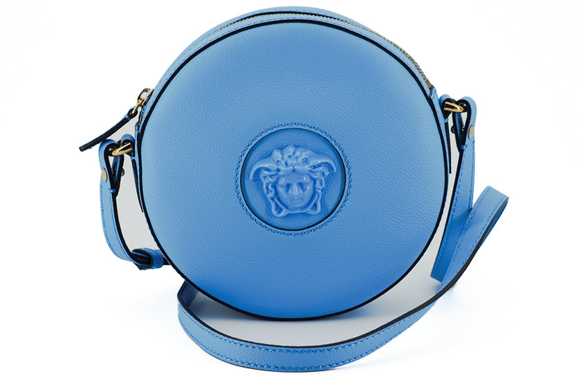 Chic Blue Leather Round Shoulder BagIndulge in the epitome of elegance with this stunning Versace Round Shoulder Bag, a perfect blend of style and practicality for the fashion-conscious individual. Adorned with the iconic Medusa head logo for an unmistaka