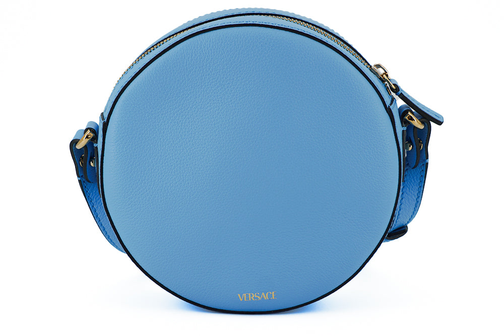 Chic Blue Leather Round Shoulder BagIndulge in the epitome of elegance with this stunning Versace Round Shoulder Bag, a perfect blend of style and practicality for the fashion-conscious individual. Adorned with the iconic Medusa head logo for an unmistaka