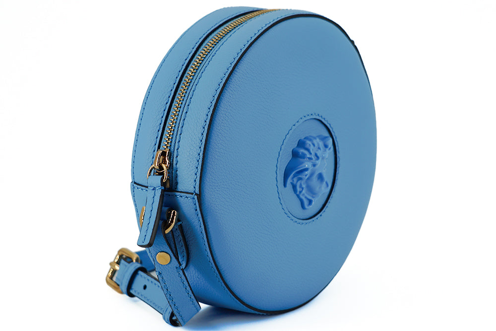 Chic Blue Leather Round Shoulder BagIndulge in the epitome of elegance with this stunning Versace Round Shoulder Bag, a perfect blend of style and practicality for the fashion-conscious individual. Adorned with the iconic Medusa head logo for an unmistaka