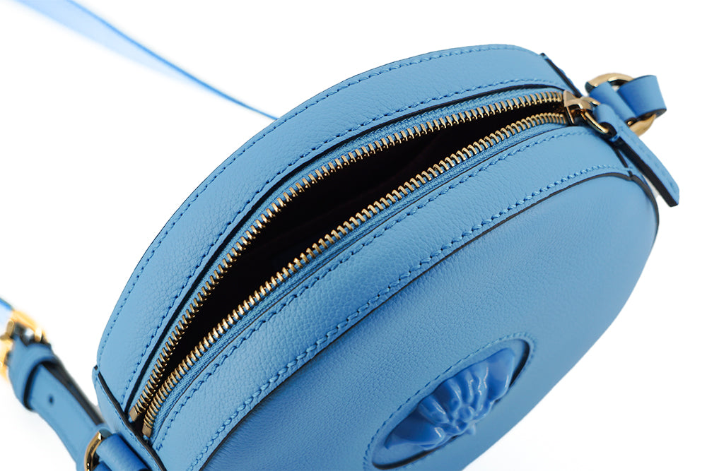 Chic Blue Leather Round Shoulder BagIndulge in the epitome of elegance with this stunning Versace Round Shoulder Bag, a perfect blend of style and practicality for the fashion-conscious individual. Adorned with the iconic Medusa head logo for an unmistaka