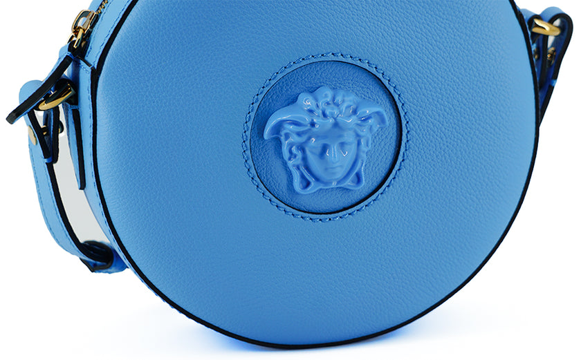 Chic Blue Leather Round Shoulder BagIndulge in the epitome of elegance with this stunning Versace Round Shoulder Bag, a perfect blend of style and practicality for the fashion-conscious individual. Adorned with the iconic Medusa head logo for an unmistaka