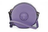 Elegant Purple Round Shoulder BagImmerse yourself in the epitome of elegance with this stunning Versace Disco Round Shoulder Bag. Brand new with tags, and accompanied by the original Versace dust bag, this accessory is crafted from the finest calf leather