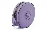 Elegant Purple Round Shoulder BagImmerse yourself in the epitome of elegance with this stunning Versace Disco Round Shoulder Bag. Brand new with tags, and accompanied by the original Versace dust bag, this accessory is crafted from the finest calf leather