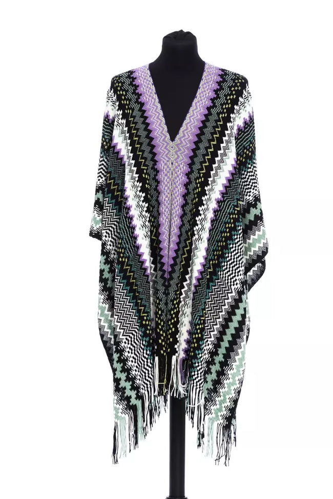 Multicolor Wool Women PonchoStep out in style with this bold Missoni fringed poncho, a celebration of striking geometric patterns and a kaleidoscope of color. Perfect for adding a touch of glamour to any ensemble, its luxurious blend of materials dances w
