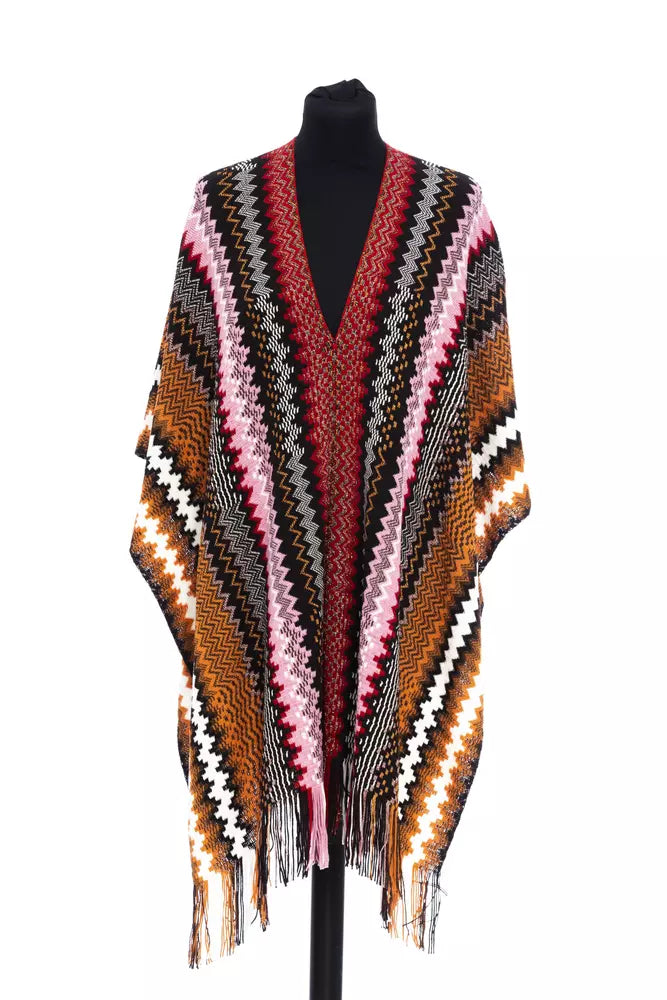 Multicolor Wool Women PonchoElevate your wardrobe with a splash of vivacious pattern by Missoni, the epitome of Italian chic. This fringed poncho boasts a mesmerizing geometric pattern in an array of scintillating multicolor hues, offering a statement pie