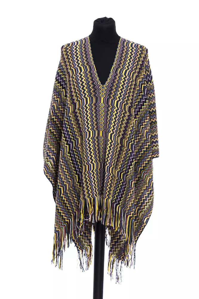 Multicolor Wool Women PonchoStep into the world of vibrant elegance with this Missoni Fringed Poncho, where geometric fantasy meets playful sophistication. Adorned with a kaleidoscope of hues, this Italian-crafted piece effortlessly drapes over the should