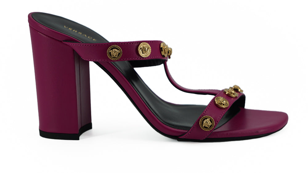 Elegant Purple Calf Leather High SandalsStep into luxury with these stunning Versace high sandals, a perfect blend of style and elegance. Fashioned from sumptuous calf leather in a rich purple hue, these open-toe heels feature the iconic Medusa logo and g